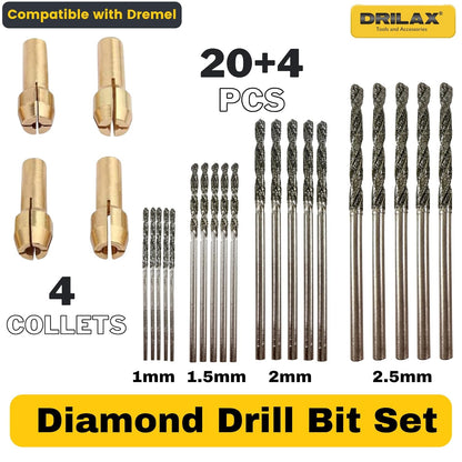 Drilax Diamond Drill Bits for Glass, Stones, Jewelry & Lapidary (1mm to 2.5 mm) 24 Pcs Set Collets Included