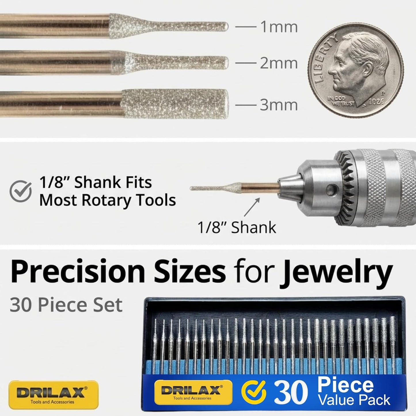 30-Piece Diamond Drill Bit Set (1mm, 2mm, 3mm) for Sea Glass, Shells & Gemstones