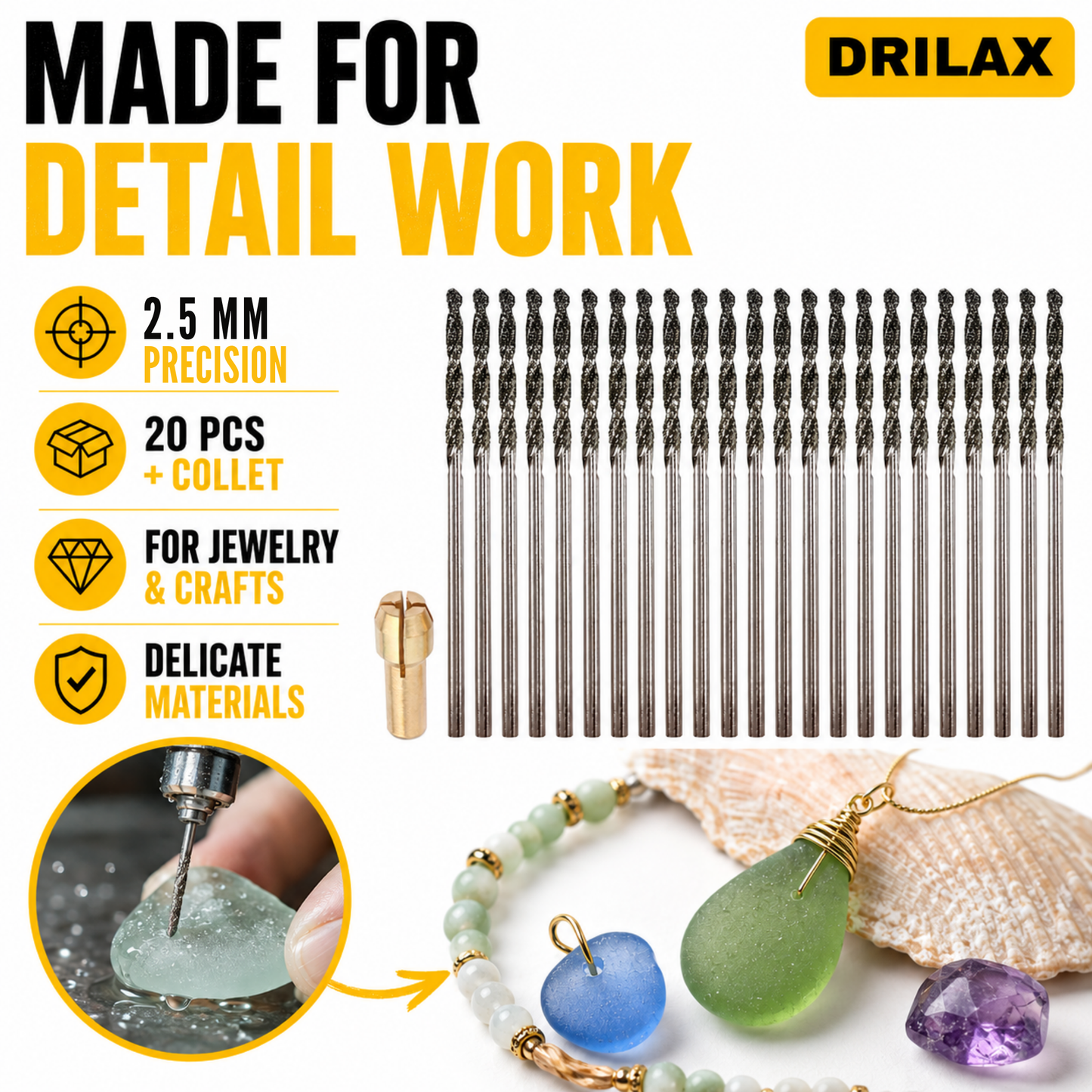 2.5mm Diamond Drill Bit Set 20-Pcs for Jewelry, Glass, Shells & Gemstones