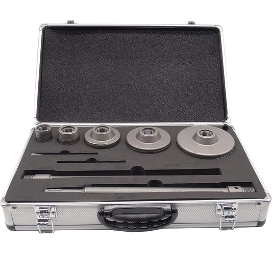 9-piece masonry hole saw set in its aluminum case with five hole saws, two SDS rods and pilot bits