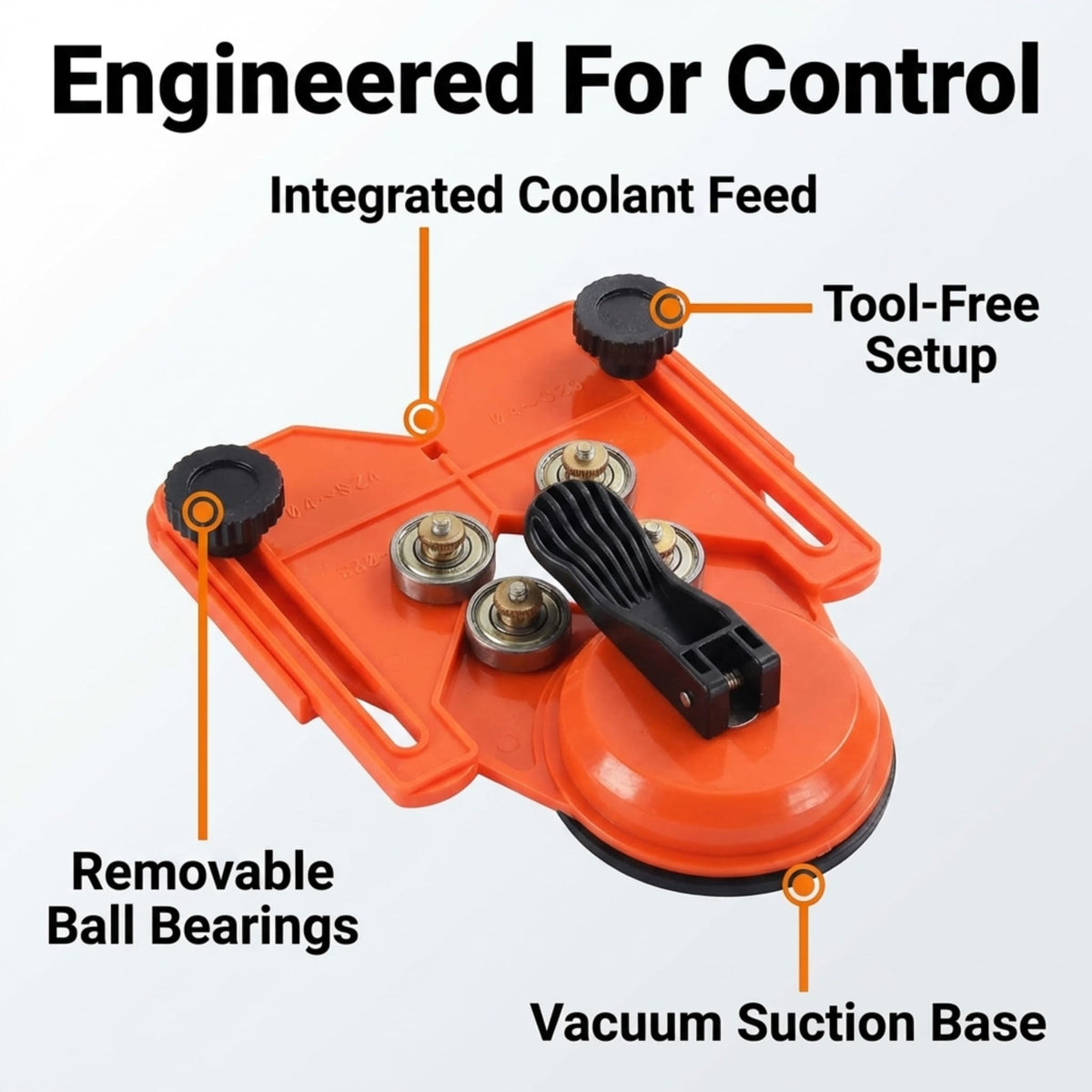 Drill guide features: coolant feed, tool-free setup, removable ball bearings, suction base