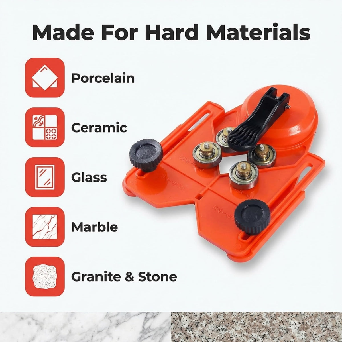 Drill guide for porcelain, ceramic, glass, marble and granite