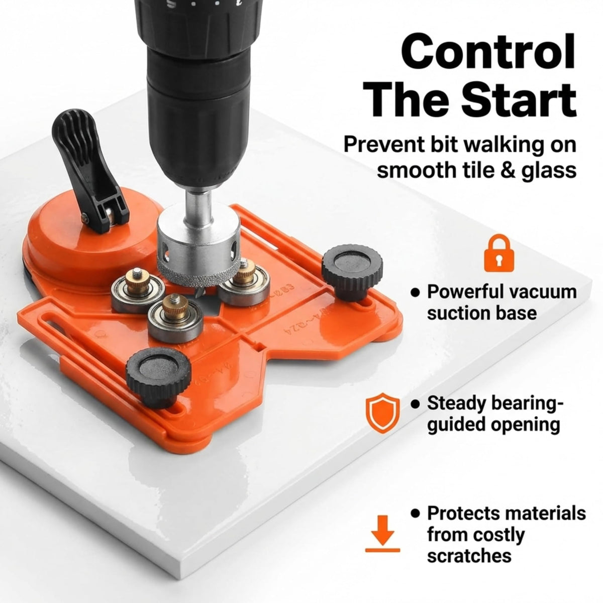 Drill guide on tile with hole saw starting a hole