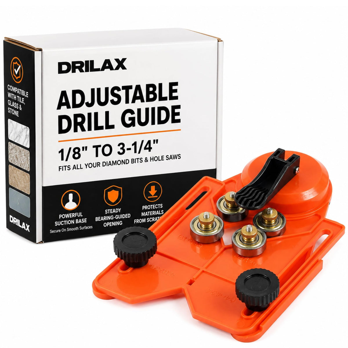 Adjustable diamond drill guide with suction base, 1/8 to 3-1/4 inch, with box