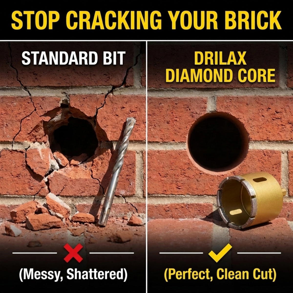 Diamond core bit leaves a clean hole in brick compared with a cracked hole from a standard bit