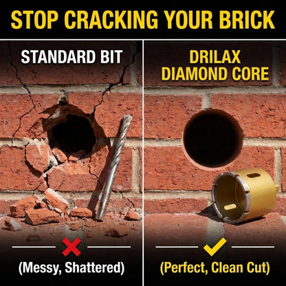 Diamond core bit leaves a clean hole in brick compared with a cracked hole from a standard bit