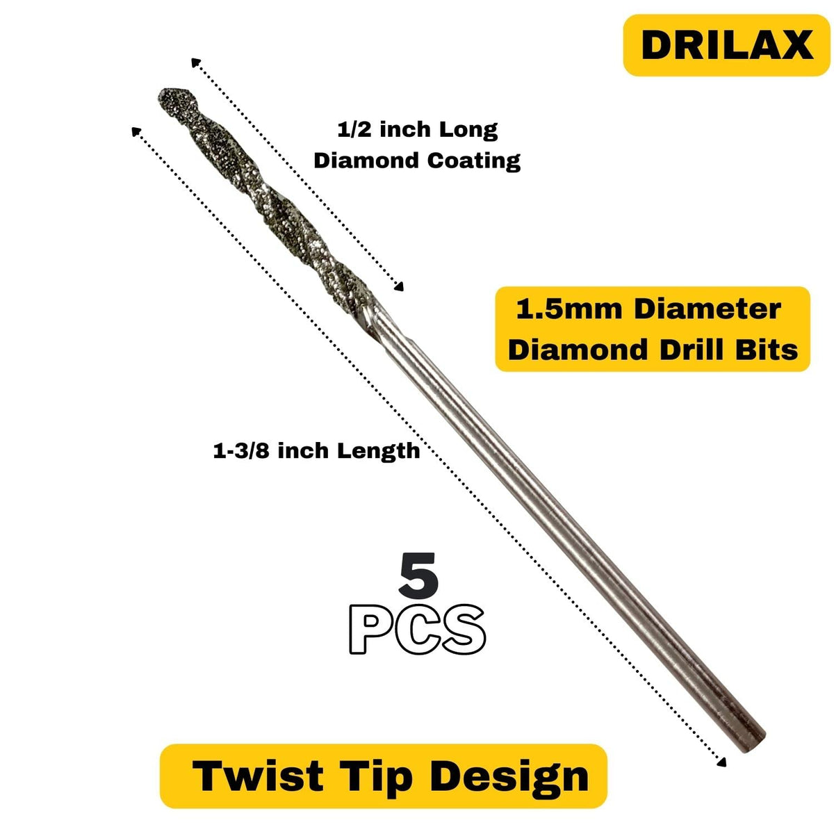 1.5mm diamond twist drill bit, 1-3/8 inch long with 1/2 inch coating, 5 pieces