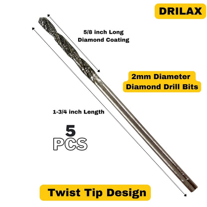 2mm diamond twist drill bit, 1-3/4 inch long with 5/8 inch coating, 5 pieces