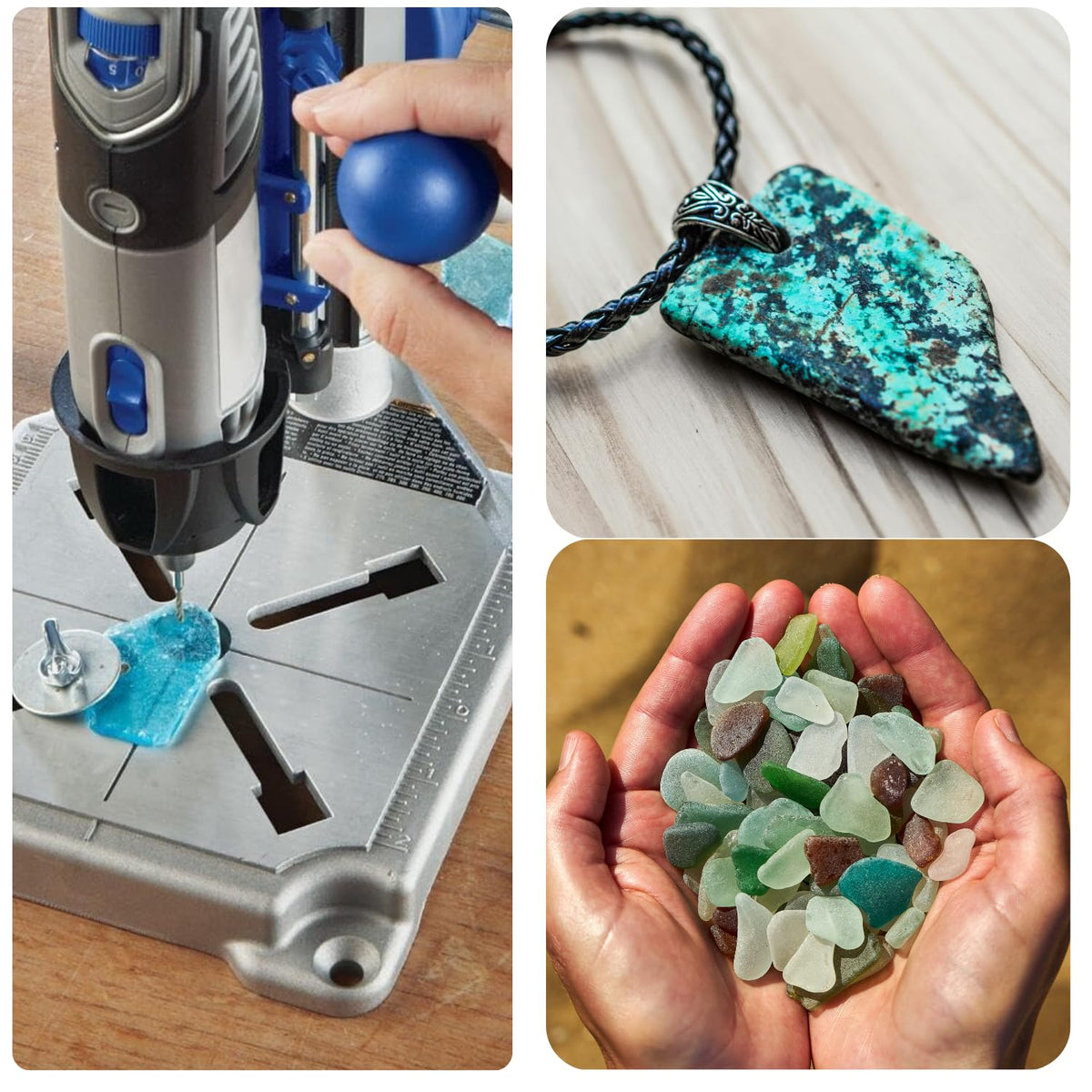 Drilling sea glass in a drill stand, with finished pendant