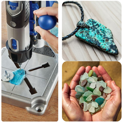 Drilling sea glass in a drill stand, with finished pendant
