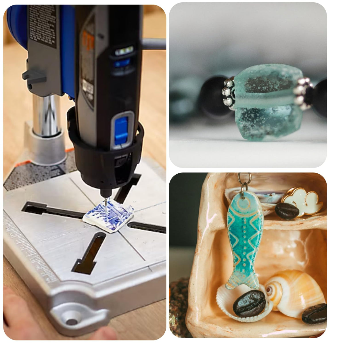 Drilling with a rotary tool in a drill stand, with finished sea glass pieces