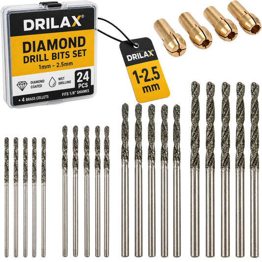 Drilax 24-piece diamond drill bit set, 1mm to 2.5mm, with 4 brass collets