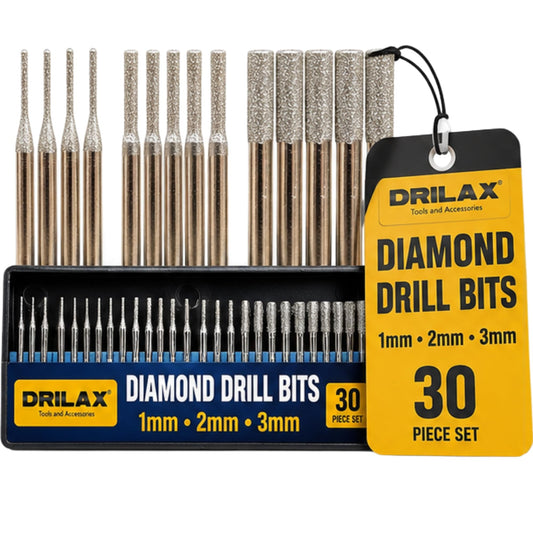 Drilax 30-piece diamond drill bit set, 1mm, 2mm and 3mm with case