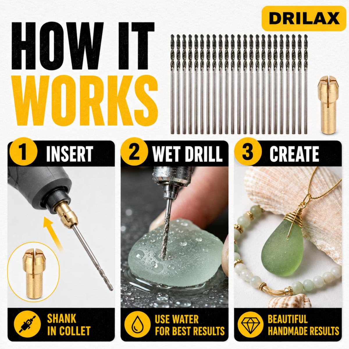 How it works: insert the bit in the collet, drill wet, make jewelry