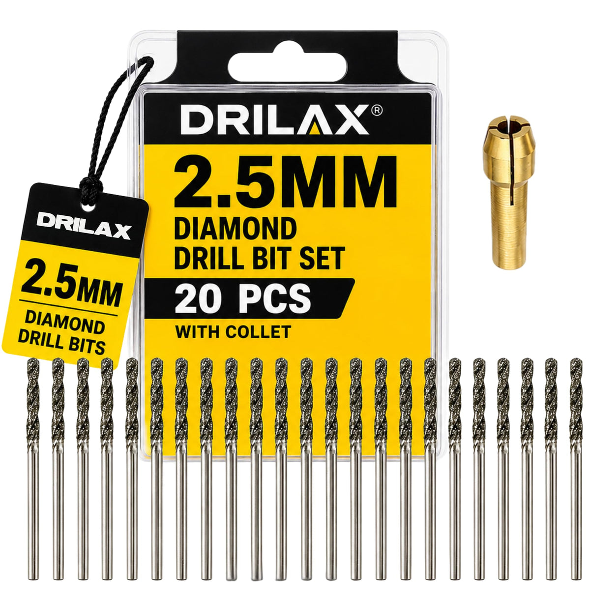 Drilax 2.5mm diamond drill bit set, 20 bits with collet