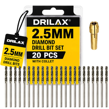 Drilax 2.5mm diamond drill bit set, 20 bits with collet