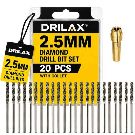 Drilax 2.5mm diamond drill bit set, 20 bits with collet