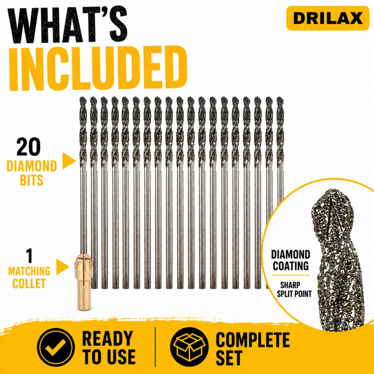 What's included: 20 2.5mm diamond drill bits and 1 brass collet
