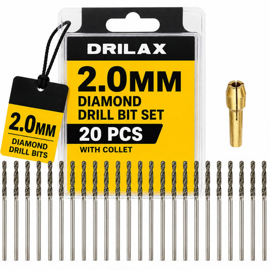 Drilax 2mm diamond drill bit set, 20 bits with collet
