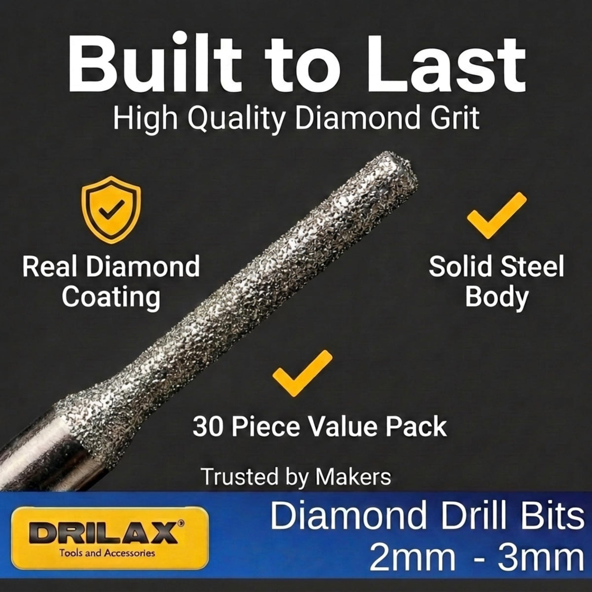 2mm to 3mm diamond drill bit with real diamond coating and solid steel body