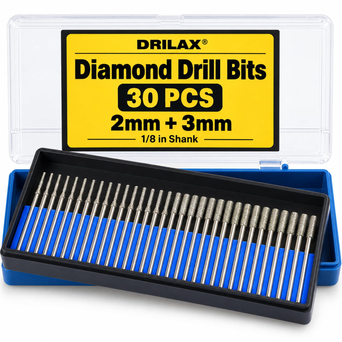 30-piece 2mm and 3mm diamond drill bit set with 1/8 inch shank in case