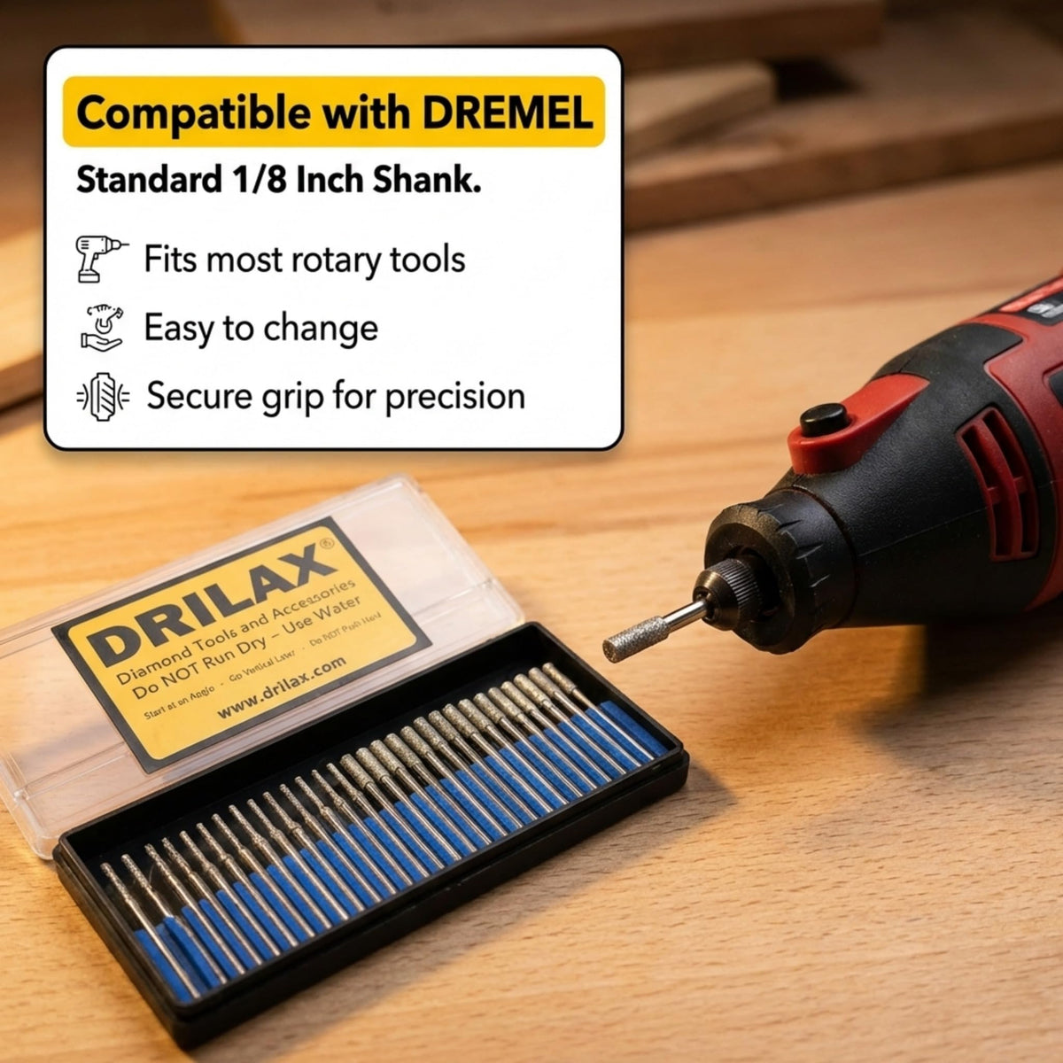2mm and 3mm diamond drill bits in case, standard 1/8 inch shank fits rotary tools