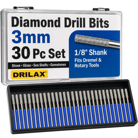 Drilax 3mm diamond drill bits, 30-piece set with 1/8 inch shank and case