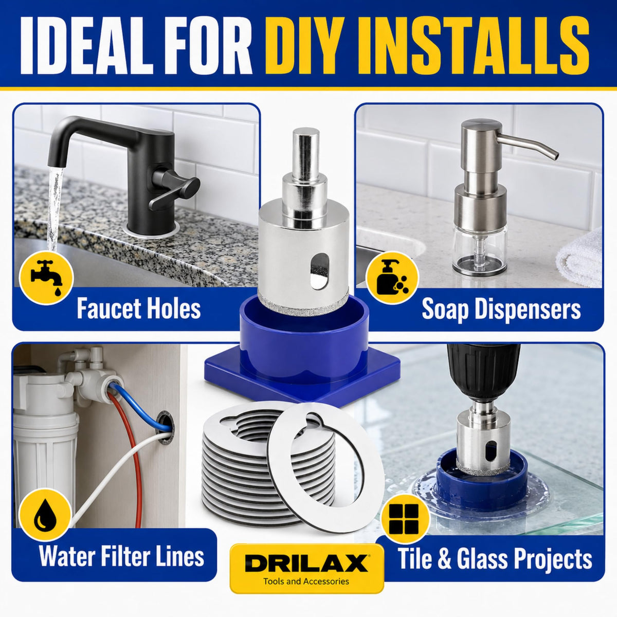 Ideal for faucet holes, soap dispensers, water filter lines, tile and glass projects