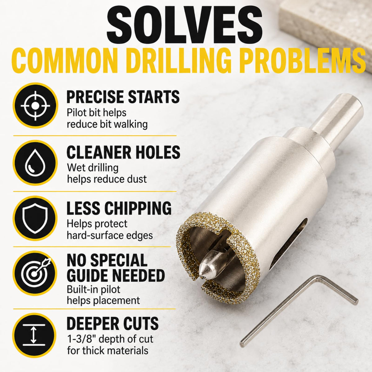 Diamond hole saw with pilot bit for precise starts, cleaner holes and less chipping on hard surfaces