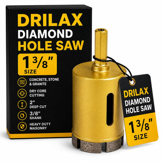 Drilax 1-3/8 inch diamond hole saw for concrete, stone and granite with box – dry core, 2 inch cut depth, 3/8 inch shank