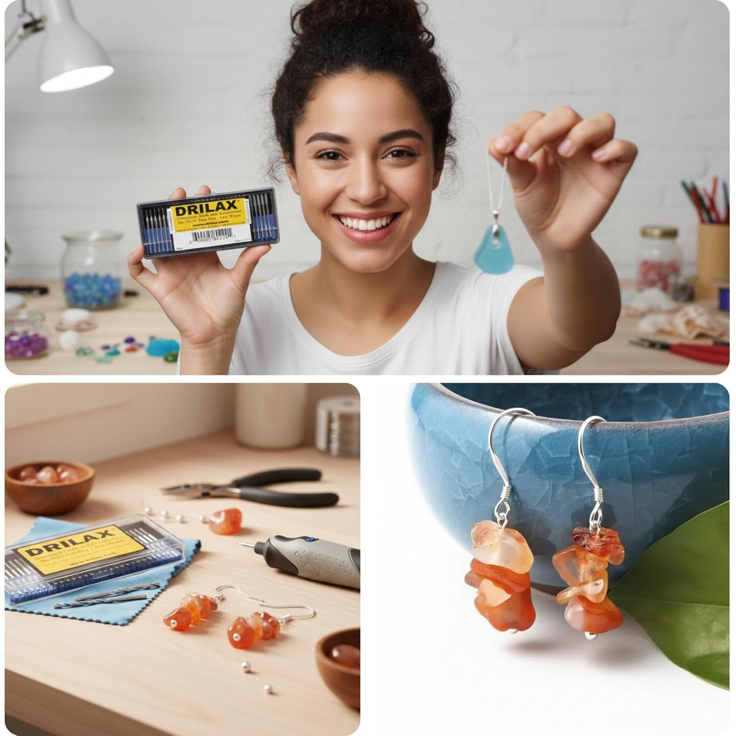 DRILAX Jewelry Drill Bit Set featuring 1mm diamond drill bits for sea glass with tools and finished earrings