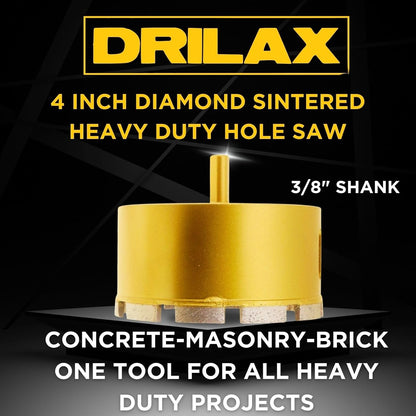DRILAX 4 inch concrete hole saw diamond sintered heavy duty gold cutter with three eighths inch shank for masonry and brick