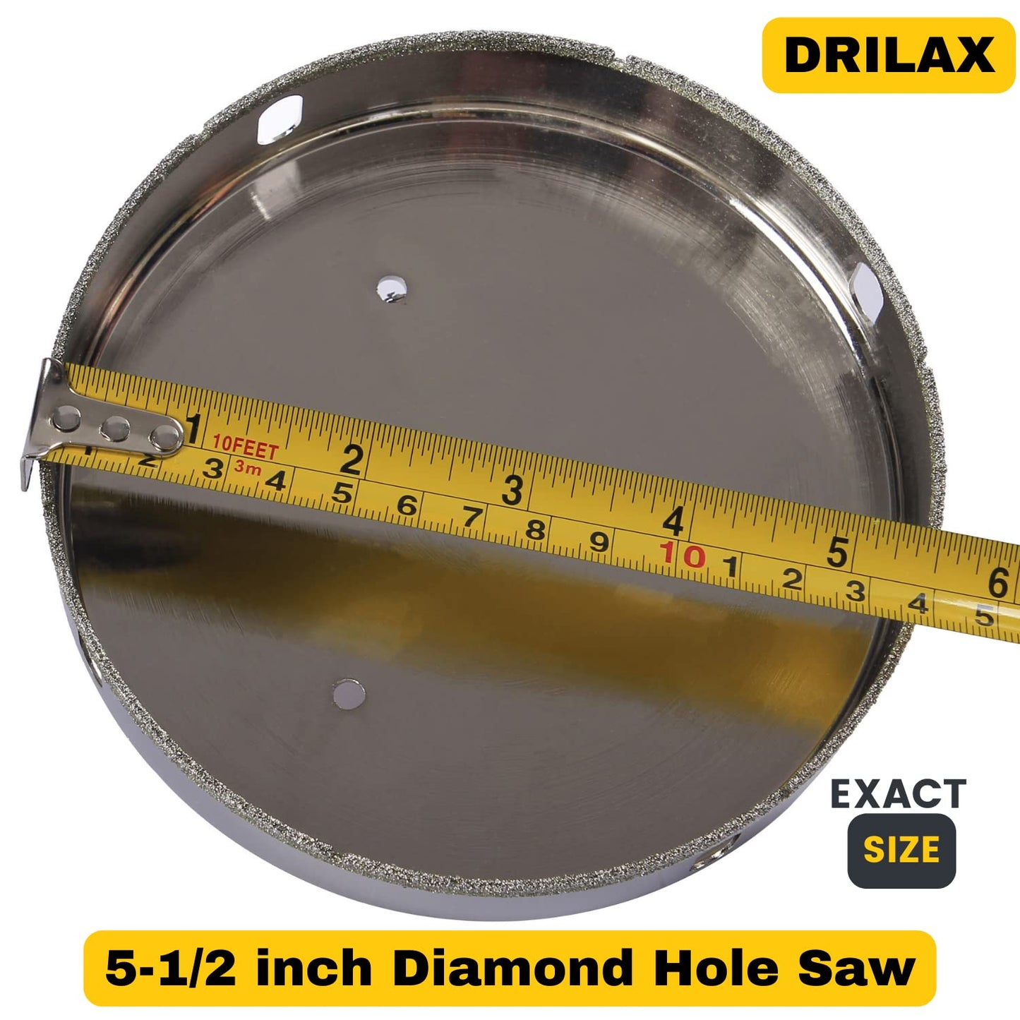 DRILAX 5.5 inch diamond hole saw with measurement tape showing exact size for accurate drilling