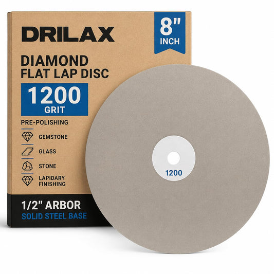Drilax 8 inch diamond flat lap disc, 1200 grit, with box – 1/2 inch arbor, solid steel base for lapidary pre-polishing