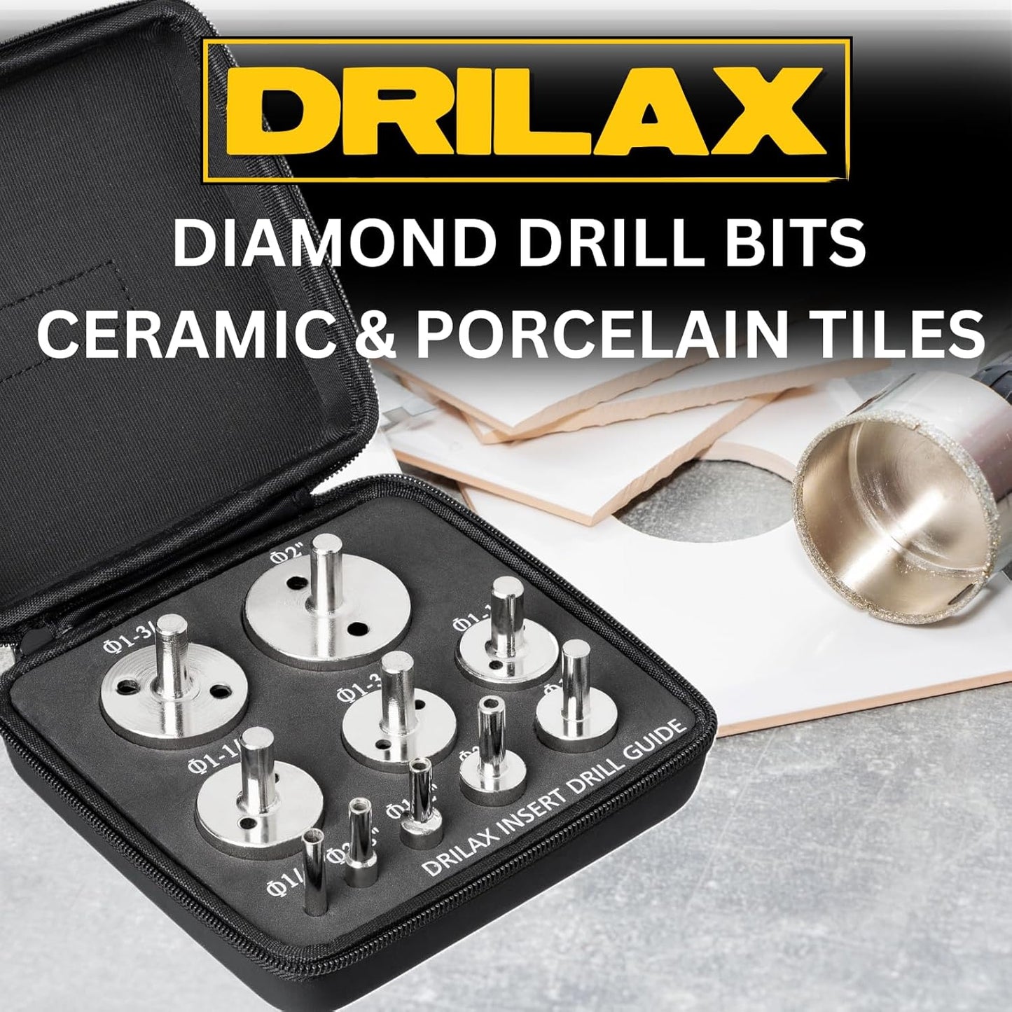 DRILAX diamond drill bit set in black case for ceramic and porcelain tile drilling