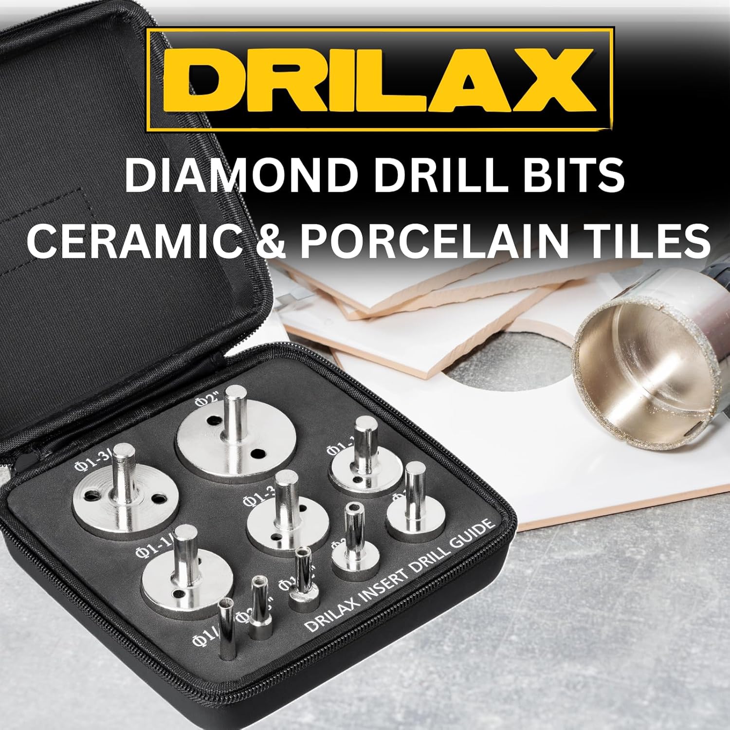 DRILAX diamond drill bit set in black case for ceramic and porcelain tile drilling