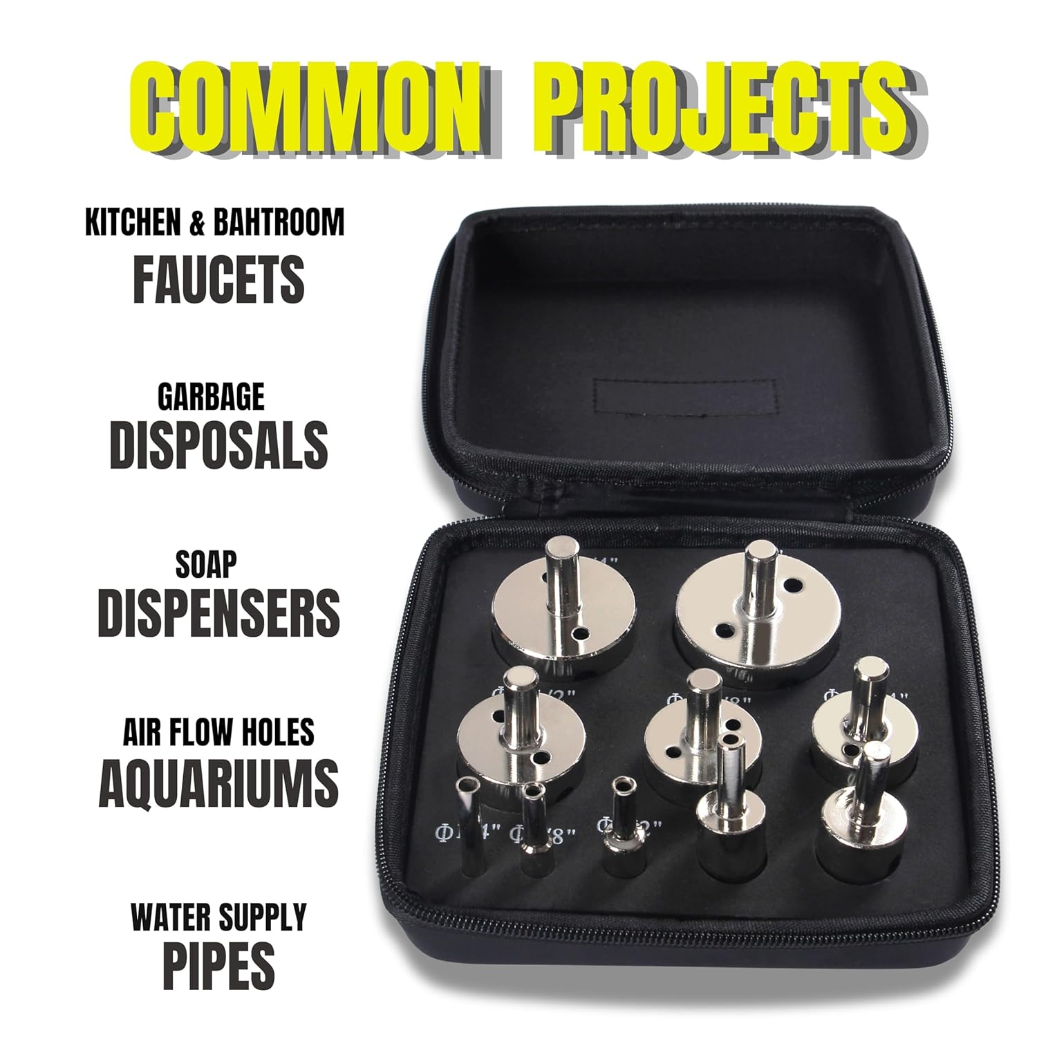 DRILAX diamond drill bit set with multiple diamond hole saws in a black zippered case for kitchen faucets and plumbing projects