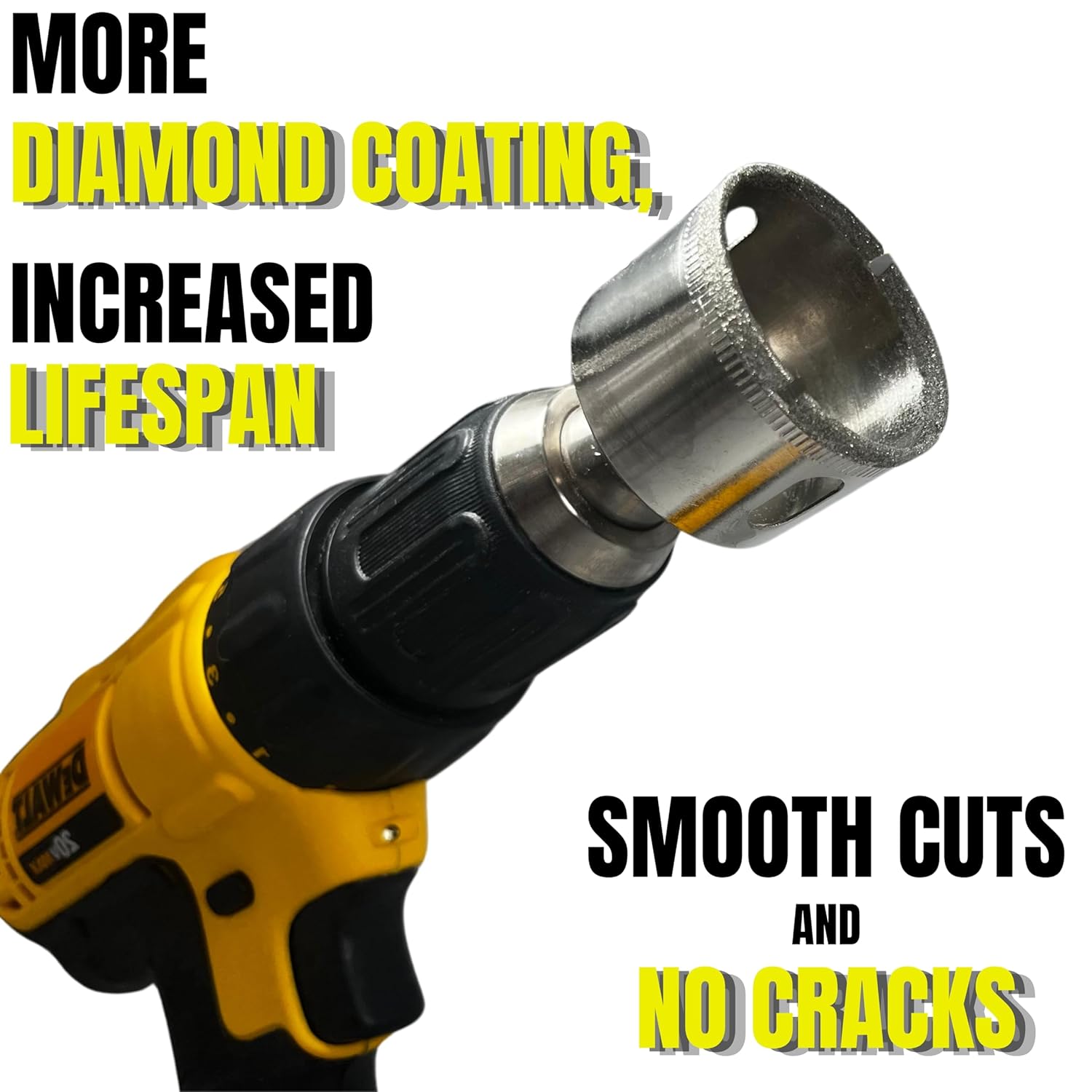 DRILAX diamond drill bit set attached to yellow power drill for smooth cuts and increased lifespan