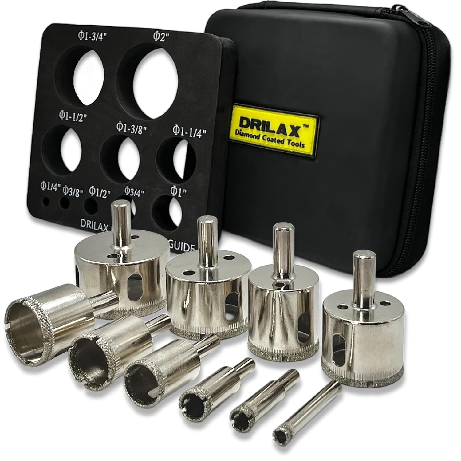 DRILAX diamond drill bit set including various diamond hole saws with carrying case and drill guide
