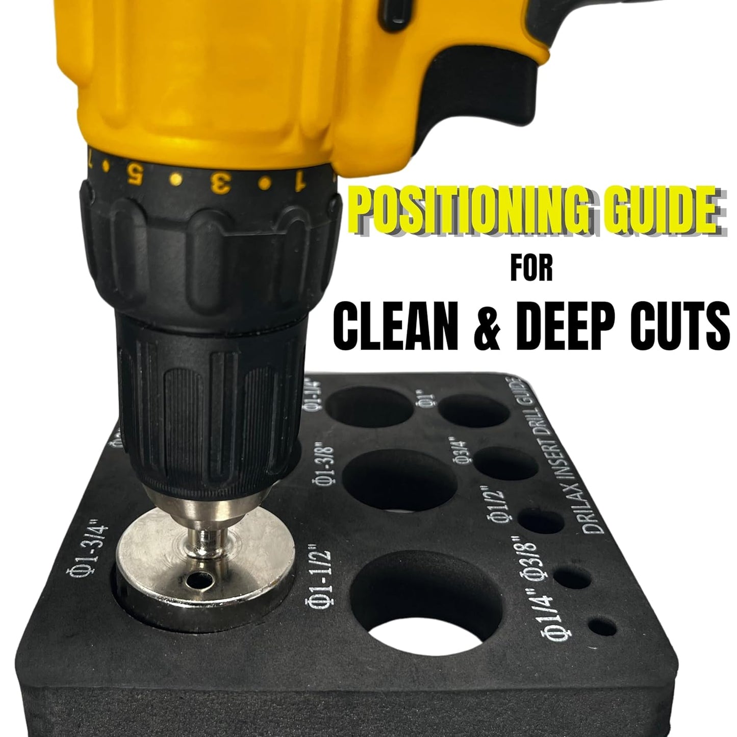 DRILAX diamond drill bit set with diamond hole saw attached to yellow drill on positioning guide for clean cuts