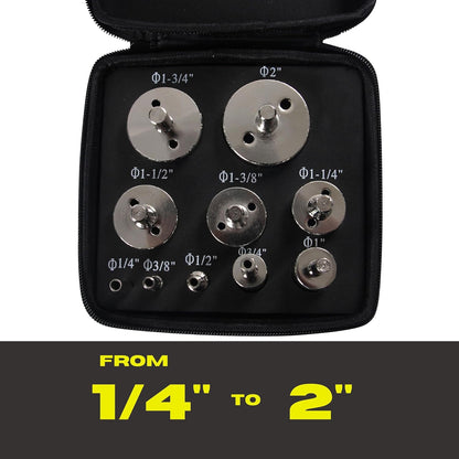 DRILAX diamond drill bit set with diamond hole saws ranging from 1/4 inch to 2 inches in a black zippered case