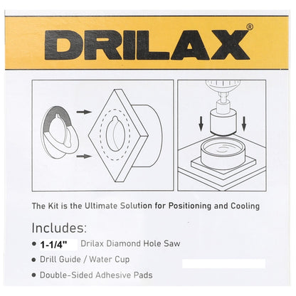DRILAX Countertop Hole Saw Kit featuring a diamond hole saw for quartz and granite with drill guide and adhesive pads