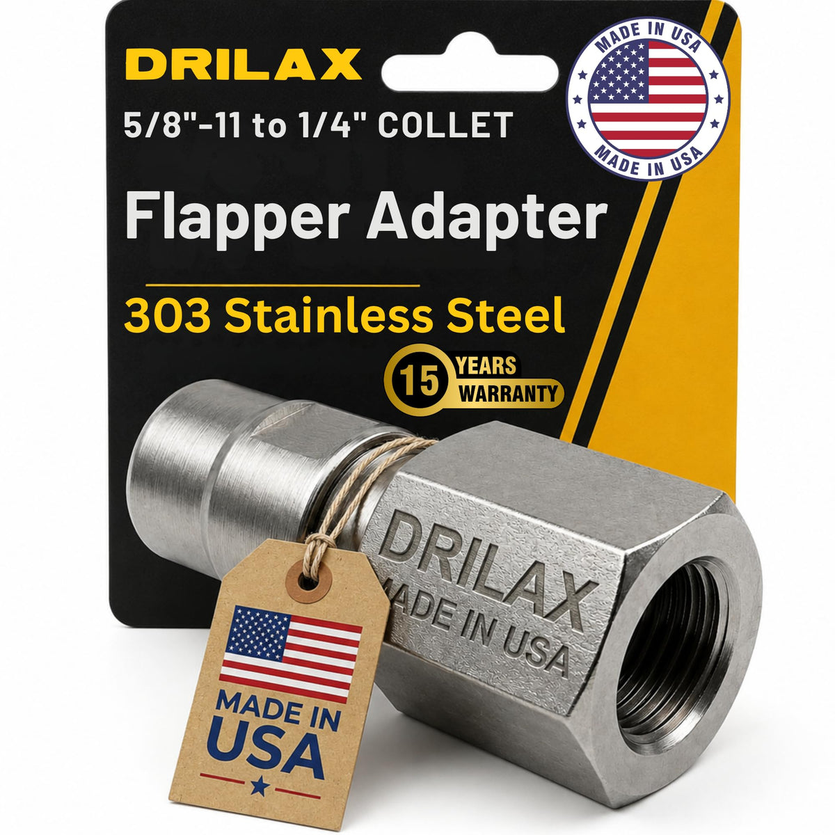 Flapper adapter 5/8"-11 to 1/4" collet, 303 stainless steel, made in USA
