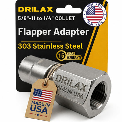 Flapper adapter 5/8"-11 to 1/4" collet, 303 stainless steel, made in USA