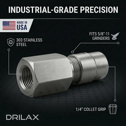 Fits 5/8"-11 angle grinders, 303 stainless steel, 1/4" collet grip