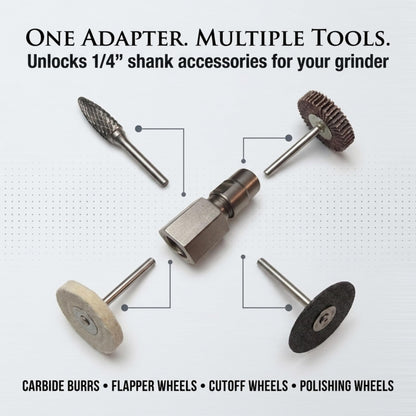 Runs 1/4" shank carbide burrs, flapper wheels, cutoff wheels and polishing wheels
