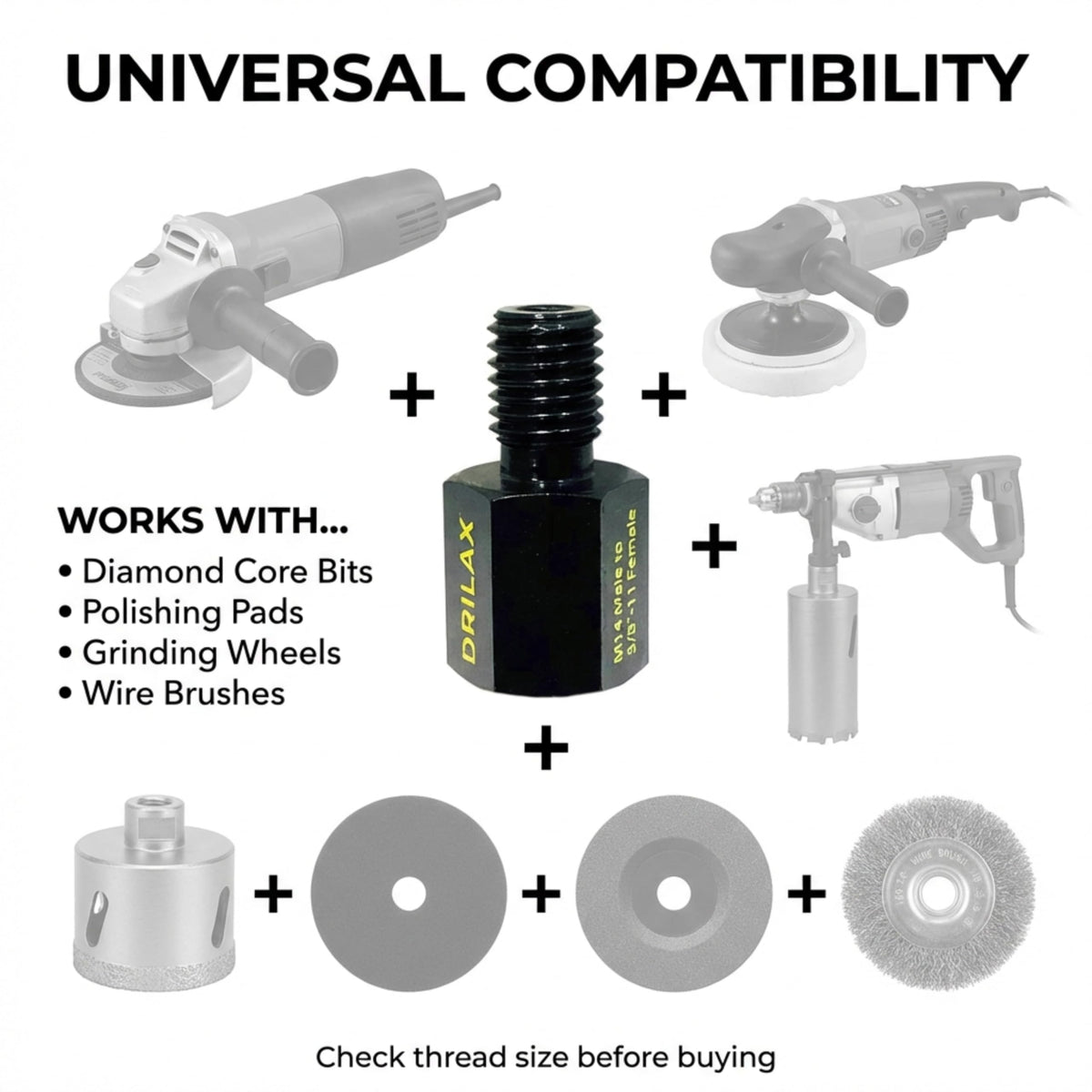 Works with core bits, polishing pads, grinding wheels and wire brushes