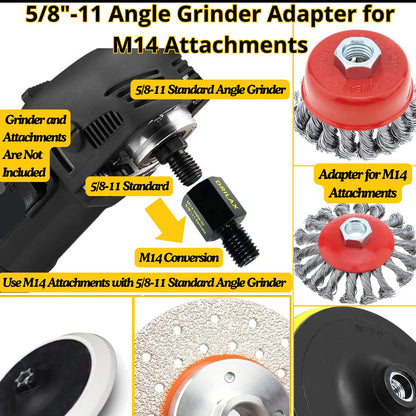 Use M14 wire brushes and discs on a 5/8-11 angle grinder