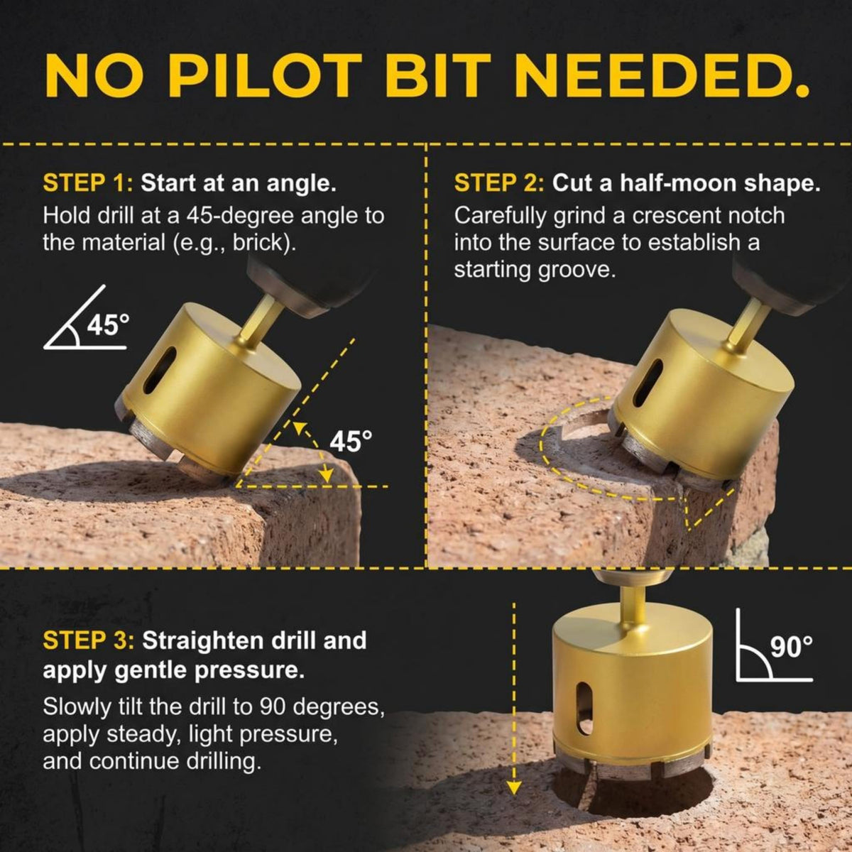 How to start without a pilot bit: 45 degree angle, half-moon groove, then straighten to 90 degrees
