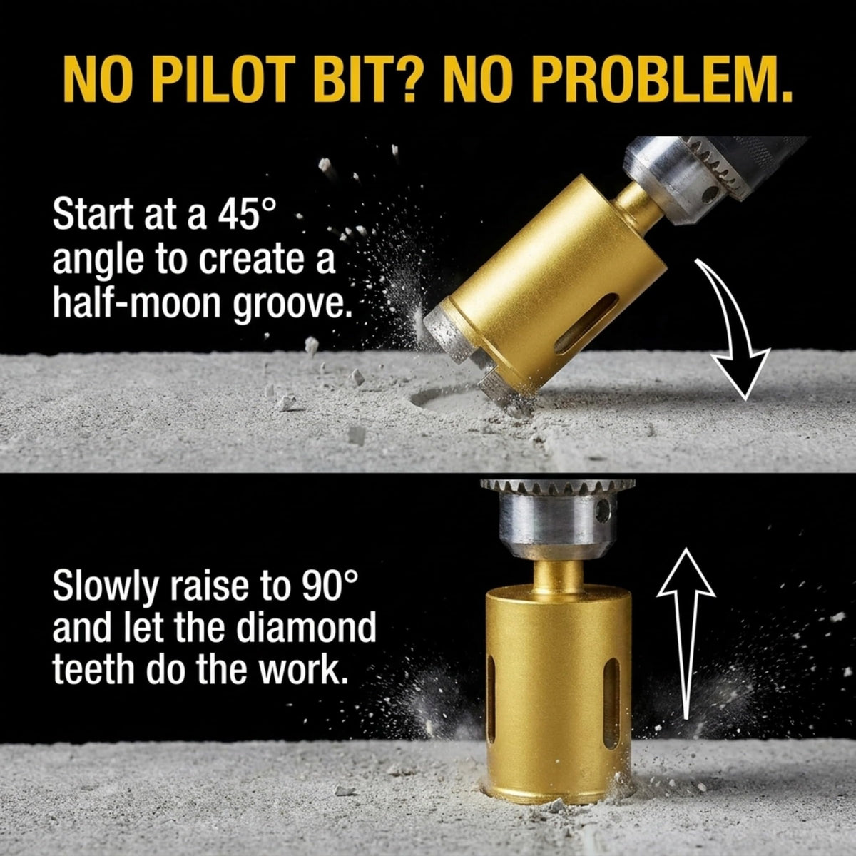 How to start a masonry hole saw without a pilot bit: begin at 45 degrees, then raise to 90
